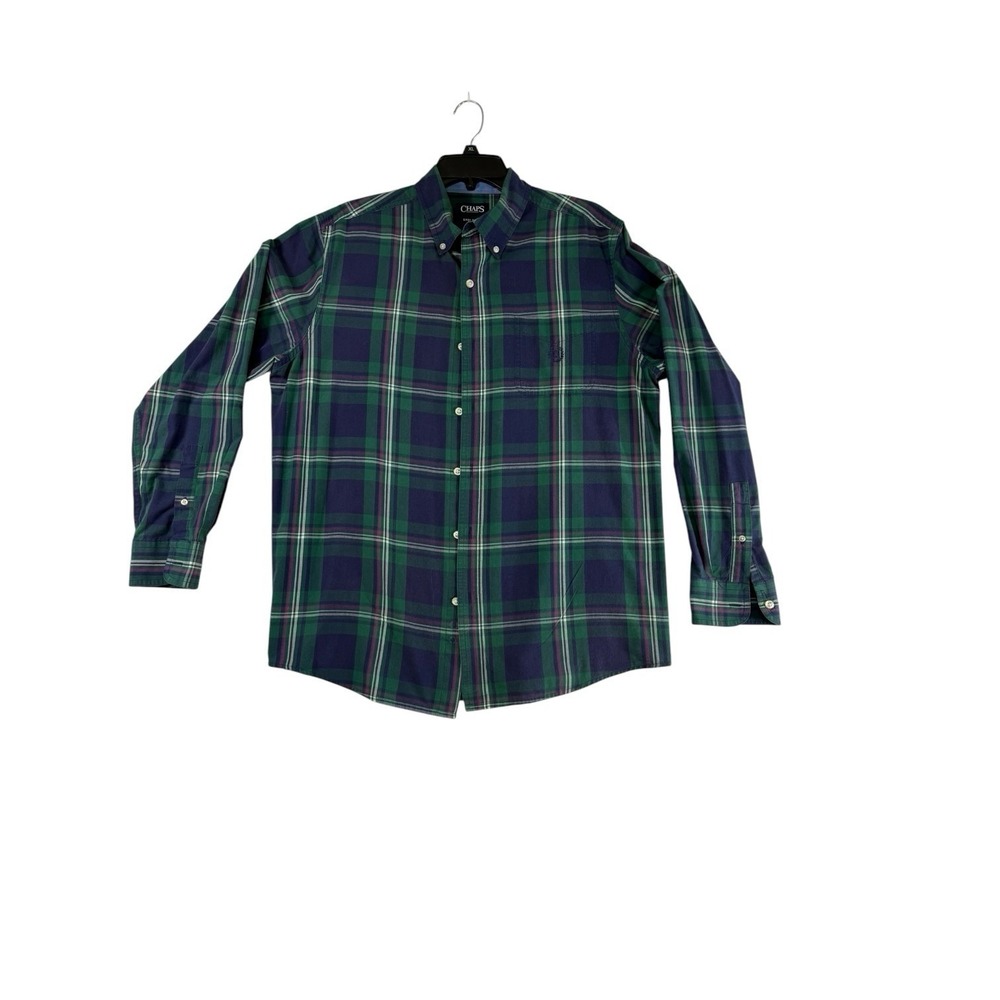Chaps Easy Care Plaid Button Up Shirt Men's Large Green Blue Long Sleeve Preppy